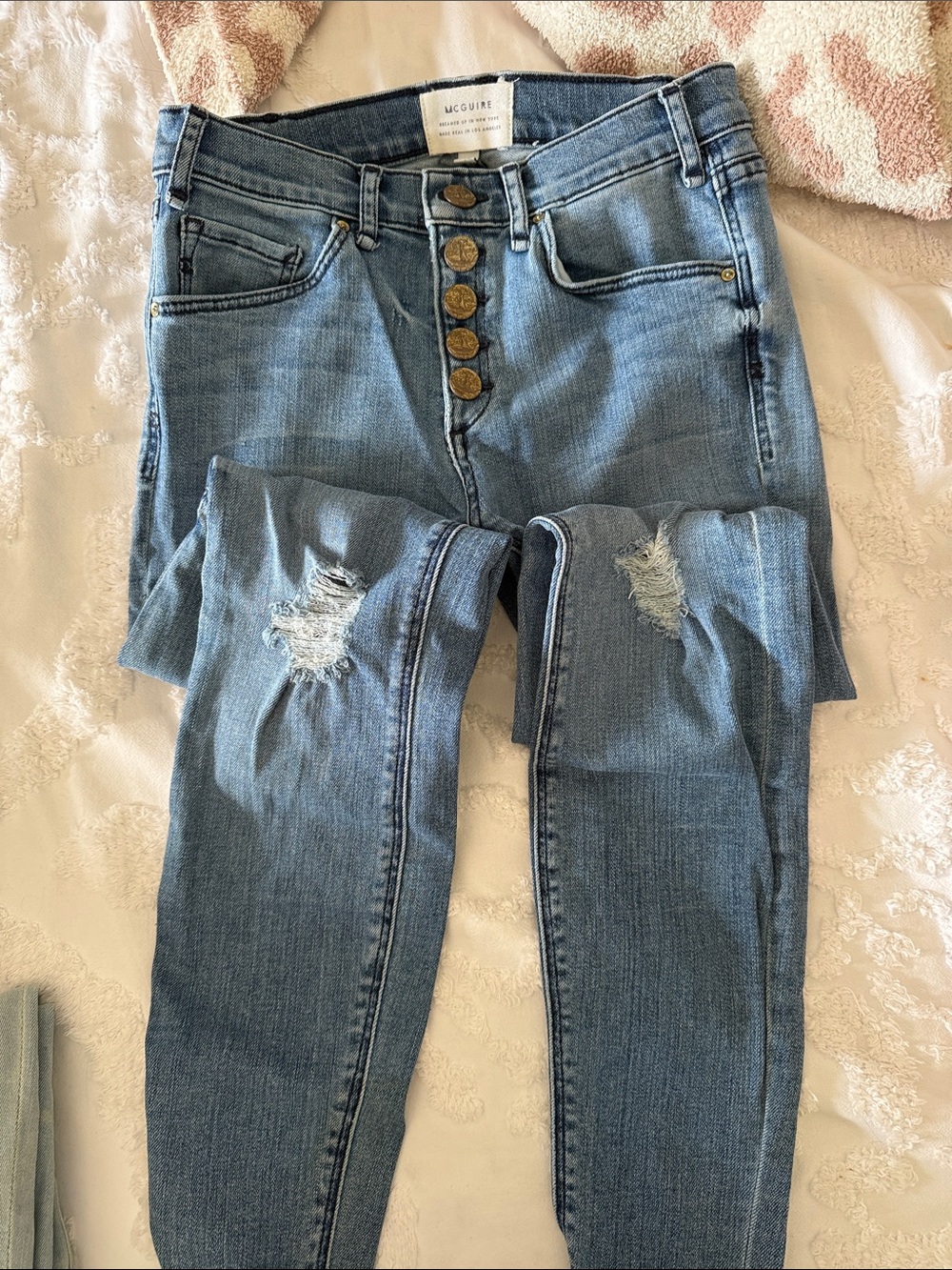 MCGUIRE Denim High-Rise Button-Fly Distressed Skinny Jeans - Light Blue